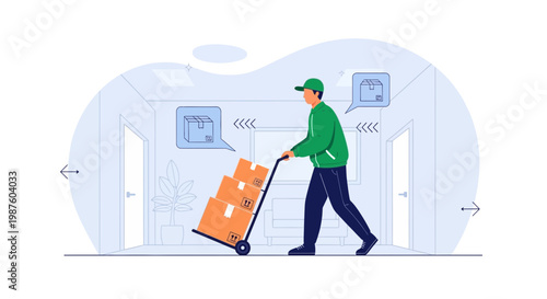 Delivery man pushing a trolley with boxes in a hallway, logistics concept