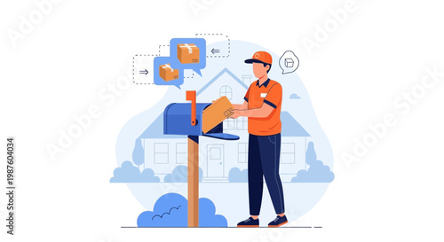 Delivery man putting mail in mailbox, package delivery, logistics, home service