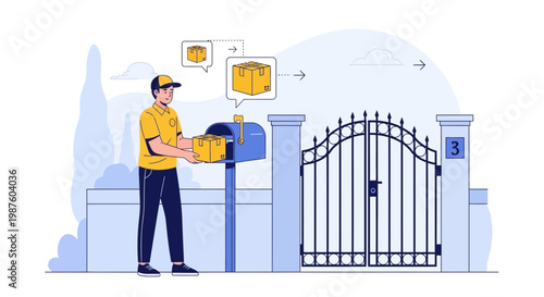 Delivery man putting package in mailbox at gate, logistics concept
