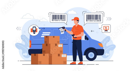 Delivery man scanning barcodes on packages with van and scanner, logistics concept