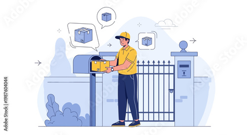Delivery man putting package in mailbox at house gate, logistics concept