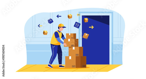 Delivery man stacking boxes at door, express shipping, logistics service concept