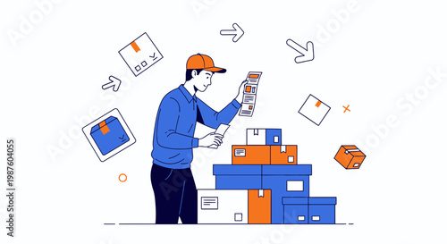 Delivery man sorting packages, logistics and shipping concept, flat illustration