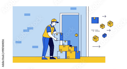 Delivery man stacking boxes at door, logistics, shipping, package delivery concept