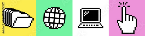 Pixel UI elements set in retro 8-bit style. Files, globe, laptop, cursor icons. Versatile interface pack for apps, SaaS, nostalgic digital design. Vector illustration. Bright checkered background