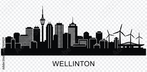 Black silhouette of wellington city skyline with wind turbines