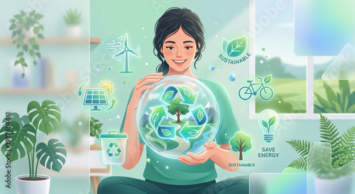 Glowing eco friendly sustainability environment icons detail