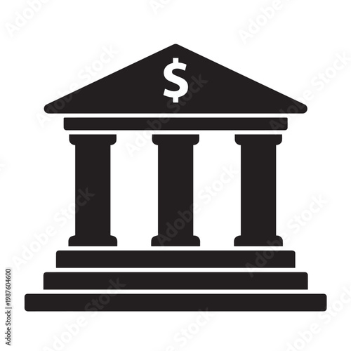 A black and white illustration of a bank building with columns.This is a simple black and white illustration of a bank building with columns. The image features a stylized representation of a bank wit
