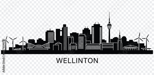 Black silhouette cityscape of wellington with wind turbines and buildings