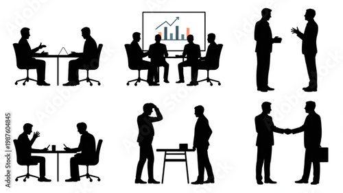 Professional Businessmen Silhouette Pose Set – Corporate Actions and Office Activities Collection