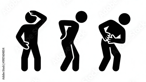 Stick Figure Pain Pose Icons – Headache, Back Pain, and Stomach Ache Minimal Line Set