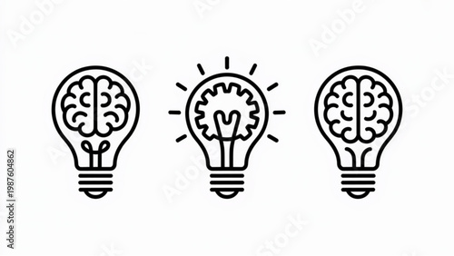 Brain Light Bulb Idea Icons – Creativity, Innovation, and Smart Thinking Line Art Set