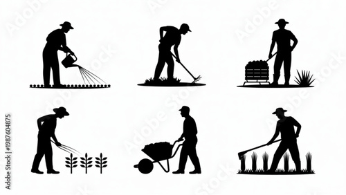 Agriculture Work Scene Silhouettes – Farming Activities and Crop Care Collection