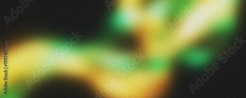 Abstract Green and Gold Neon Light Waves with Grainy Texture on Black Background