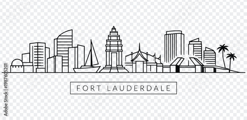 Black and white line drawing of fort lauderdale city skyline with sailboat and palm trees