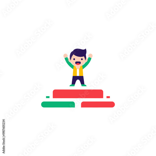 Happy person on podium celebrating victory, achievement, success, winner icon