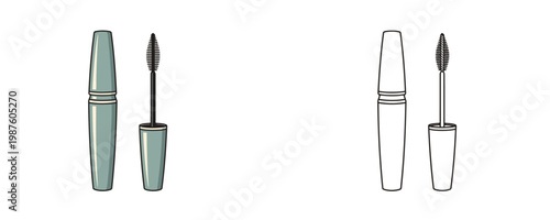 Mascara bottle with wand in flat cartoon and black line style teal and black colors represents eye makeup product for lash volume and lengthening isolated on white background