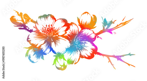 Cherry branches with flowers, colored sakura isolate on white background. Hand drawn. Not AI, vector illustration.