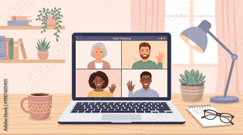 Virtual team online video meeting close up