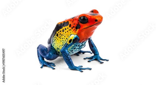 Dyeing Poison Dart Frog (Dendrobates tinctorius) in vivid red, yellow, and blue colors, isolated on white background. Small toxic amphibian for rainforest conservation and exotic pet education.