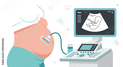 Pregnant belly with ultrasound machine showing baby scan, medical checkup, healthcare concept