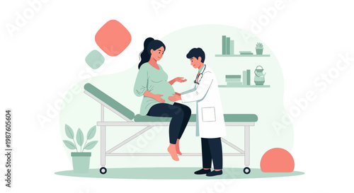 Pregnant woman at doctor's appointment, medical check-up with obstetrician