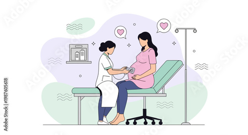 Pregnant woman at doctor's appointment, nurse checks heartbeat with stethoscope
