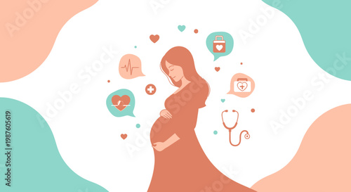 Pregnant Woman Health Care Concept with Medical Icons and Symbols