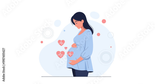Pregnant Woman Holding Belly with Heartbeat and Love Symbols, Healthy Pregnancy Concept