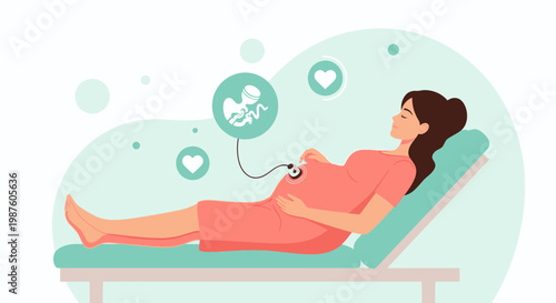 Pregnant Woman Lying Down, Doctor Listening To Baby's Heartbeat With Stethoscope