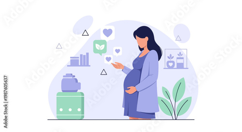 Pregnant Woman Interacting with Digital Health & Wellness Icons