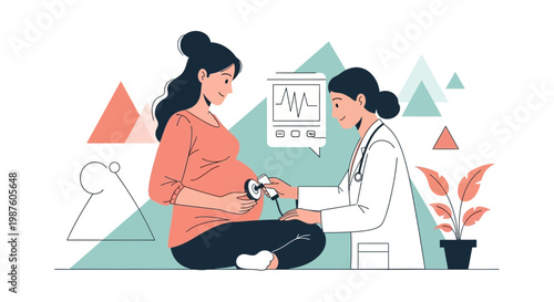 Pregnant Woman Medical Checkup: Doctor Listens to Fetal Heartbeat with Stethoscope