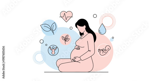 Pregnant Woman Meditating Surrounded by Health and Life Icons