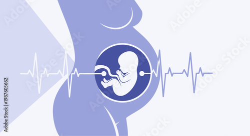 Pregnant Woman Silhouette with Fetus and Heartbeat Monitor - Medical Ultrasound Concept