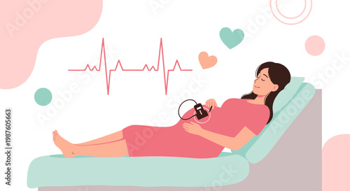 Pregnant Woman Relaxing During Fetal Monitoring, Heartbeat Line and Hearts