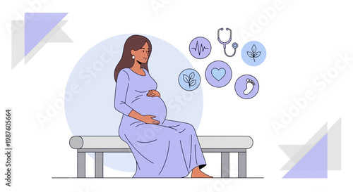 Pregnant Woman Sitting on Bench with Medical Icons, Expecting Motherhood Healthcare Concept