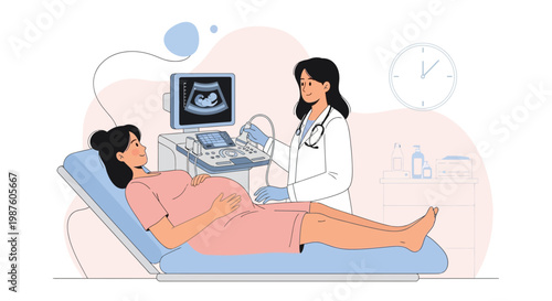 Pregnant woman undergoes ultrasound scan with doctor, showing baby on screen