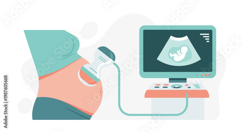 Pregnant woman undergoes ultrasound scan, showing baby on monitor, healthcare concept