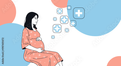 Pregnant Woman Thinking About Healthcare and Medical Icons