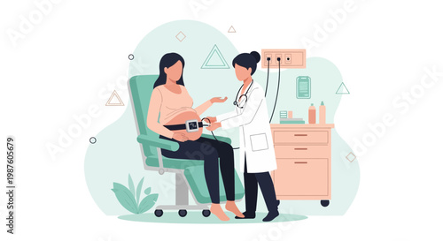 Pregnant woman undergoing fetal monitoring with doctor in clinic, healthcare concept