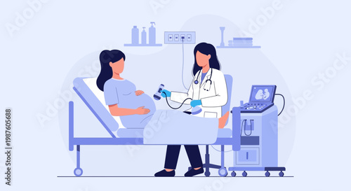 Pregnant woman undergoing ultrasound scan by doctor in clinic