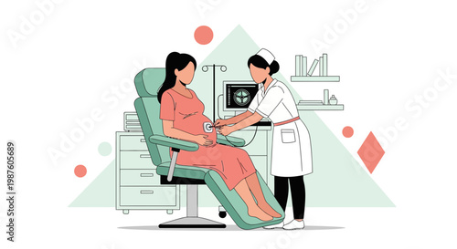 Pregnant woman undergoing ultrasound examination by a nurse in a clinic