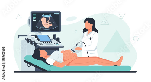 Pregnant woman undergoing ultrasound scan by doctor, showing fetus on screen