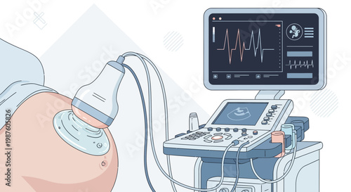 Ultrasound machine scanning pregnant belly, showing fetal heartbeat on screen