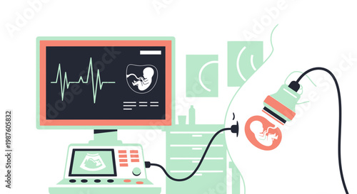 Ultrasound scan of pregnant belly showing fetus and heart monitor, medical technology concept