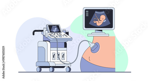 Ultrasound machine scanning pregnant belly showing fetus on screen, medical technology concept