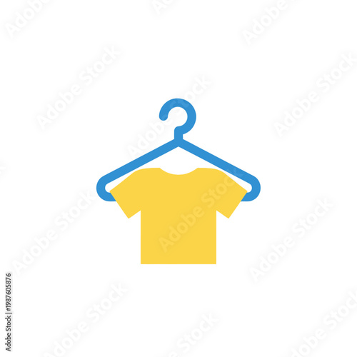 Yellow t-shirt on a blue hanger, simple flat icon, isolated on white background.