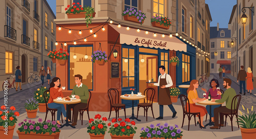 People dining outdoor street cafe landscape