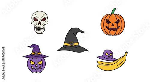 Halloween icons with witch hat pumpkin.