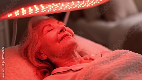 Elderly Lady Receiving Facial Treatment. White Elderly Woman Enjoying LED Skin Therapy Session. Senior White Woman Reclined Comfortably In Tranquil Spa Environment During LED Skincare Treatment
